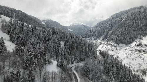 Snowy Mountains and Road Through Winter Forest