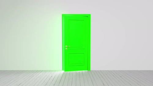 Green door opening to bright light in white room