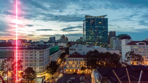 Smart city aerial time lapse 5G 6g big data cloud scanning technological skyline at sunset