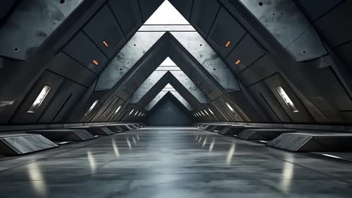 Futuristic, triangular corridor with polished marble floor and metal walls