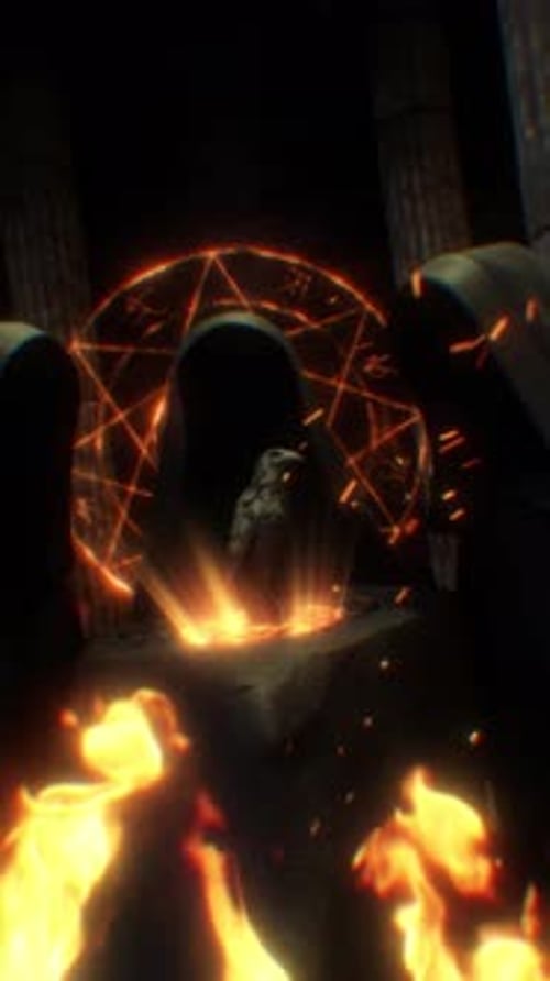Dark Magic Ritual with Glowing Pentagram and Hooded Figures