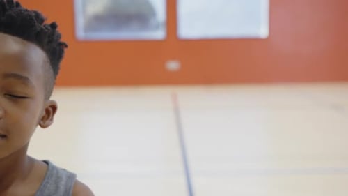 In school gym, boy standing and looking, focusing on camera