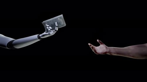 Robot Hand Offers US Dollars to Human Hand