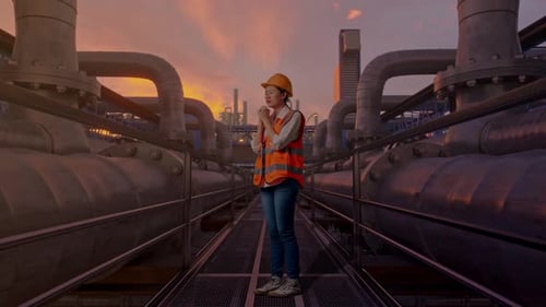 Ganzkörper-Seitenansicht einer asiatischen Ingenieurin, die für etwas betet, Industriepipeline