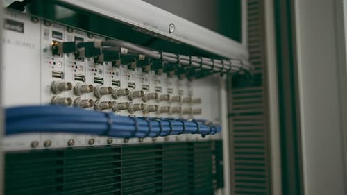 close-up of a pile of network patch cables in a server room in a data center room Data transmission