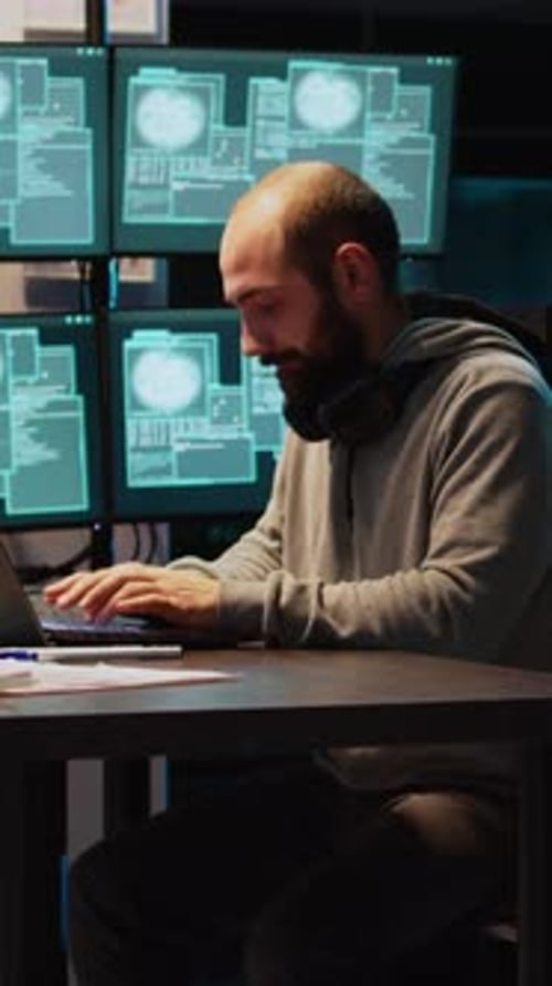 Vidéo verticale Un criminel agressif en colère tente de pirater un réseau la nuit