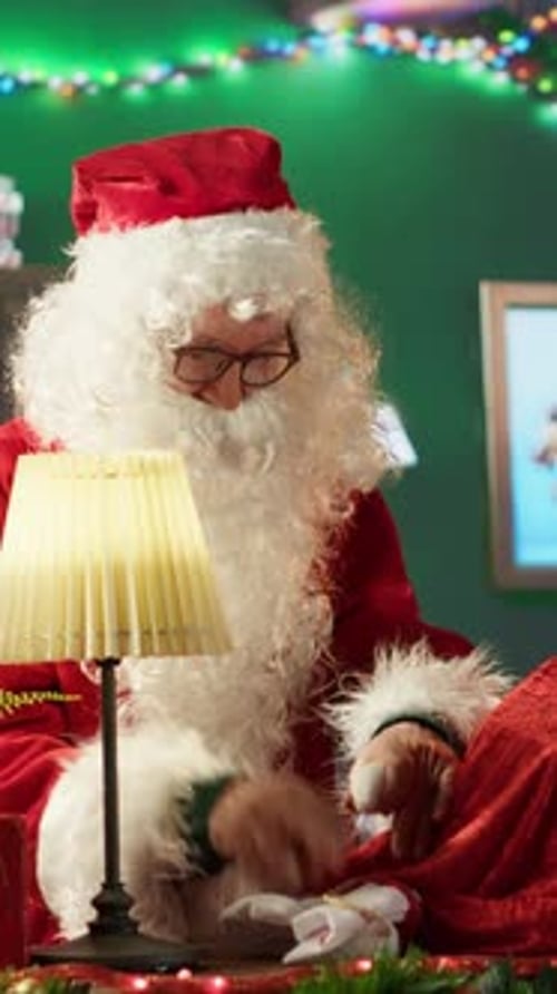 Vertical Video Father Christmas Taking His Sack Filled with Presents and Toys