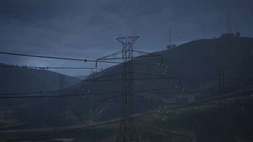 The High Voltage Electricity Tower And The Thunder On Night Dark Sky