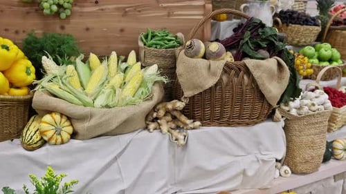 Fresh Fruits Vegetables Displayed in Woven Baskets at Market