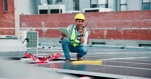 Radio, solar energy and tablet with construction worker man outdoor for panel maintenance