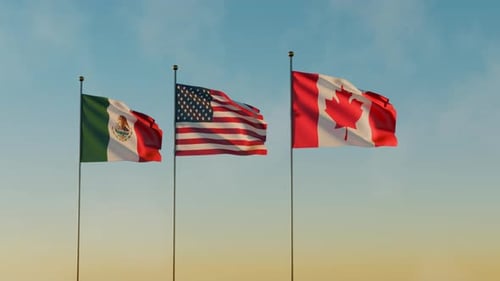 Waving Flags of Mexico, United States, and Canada