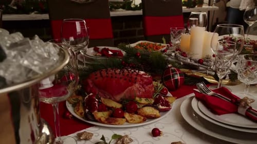 Holiday Feast Display with Food Decorations and Drinks