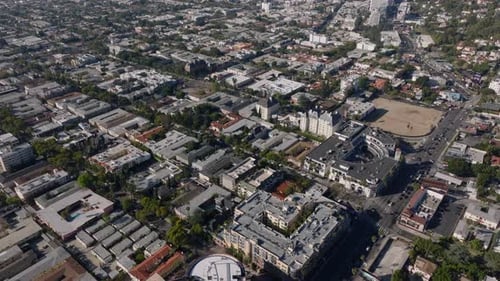 High Angle View of Town Development in Urban Neighbourhood Tilt Up Revealing Cityscape Los Angeles