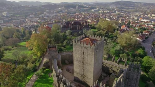 Guimaraes Portugal aerial castle and historic city skyline