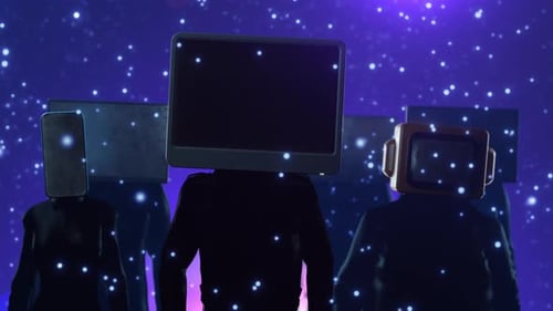 Digital Human Figures with Screens for Heads Walking in Futuristic Cyber Space