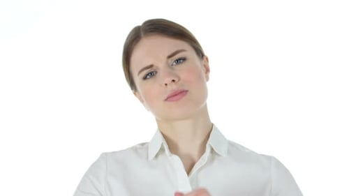 Woman Shaking Head No on White Background