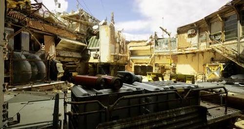 Zone de stockage industriel remplie d'équipements éparpillés et de débris