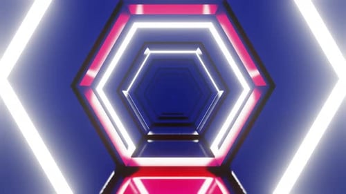 White With Red Light Hexagon Neon Vj Loop With Blue Background