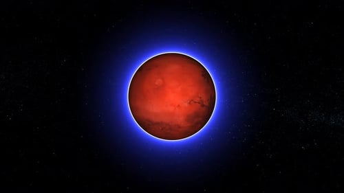 Red Planet Mars Rotating with Glowing Blue Aura