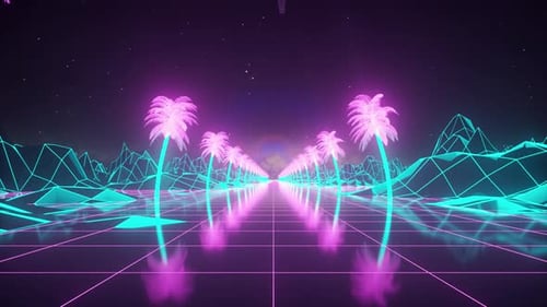 Camera moves along the synthwave wireframe net. Alien flying saucer is spinning in the background