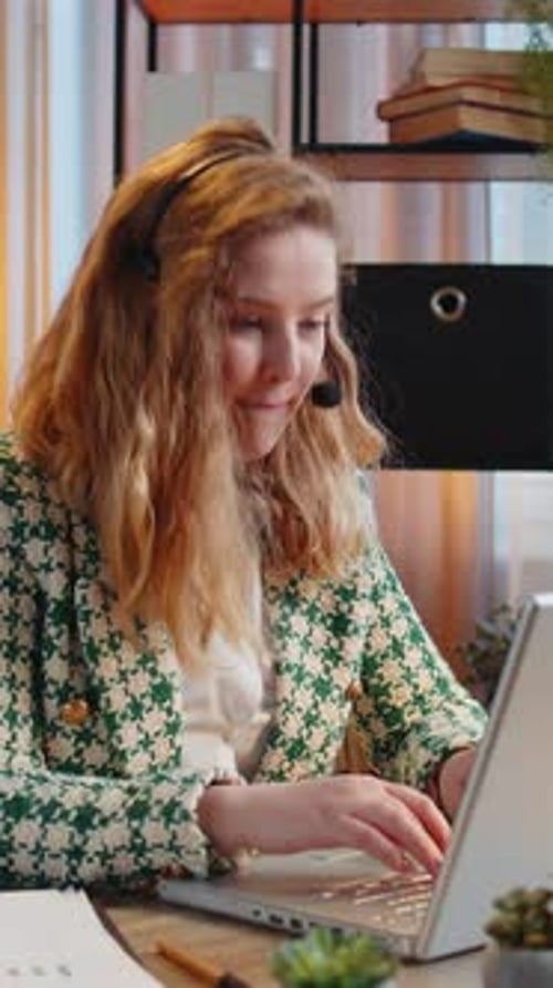 Businesswoman Wearing Headset Freelance Worker Call Center or Support Service Operator Helpline