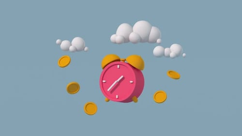 Clock and coins. Time and money concept. Minimal cartoony 3D render animation