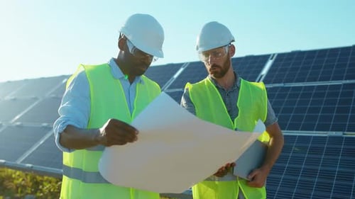 Close Up Young Engineers with Project Plan on the Solar Farm in Special Uniform Standing Discuss the