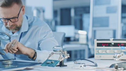 Engineers Soldering Computer Motherboard in Clean Lab Environment
