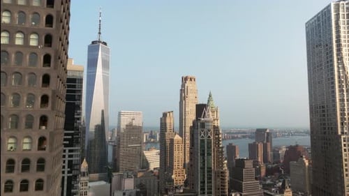 Aerial view of downtown skyline and skyscrapers, United States.