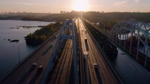 Aerial Perspective View of Urban Bridge Over the River
