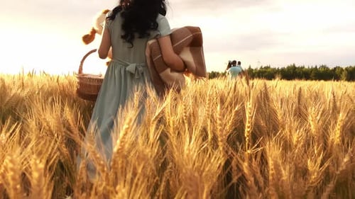 A Couple with Kids is Walking in a Meadow in Search of Place for Picnic in Slow Motion