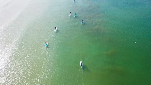 SUP surfers paddling along a Mediterranean coast