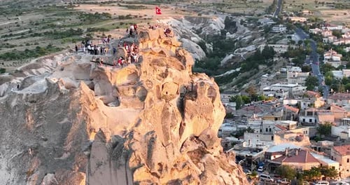 Aerial View of Natural Rock Formations in the Sunset Valley with Cave Houses in Cappadocia Turkey