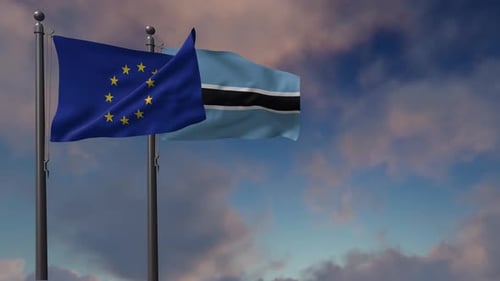 Realistic Waving Flags of European Union and Botswana in Blue Sky