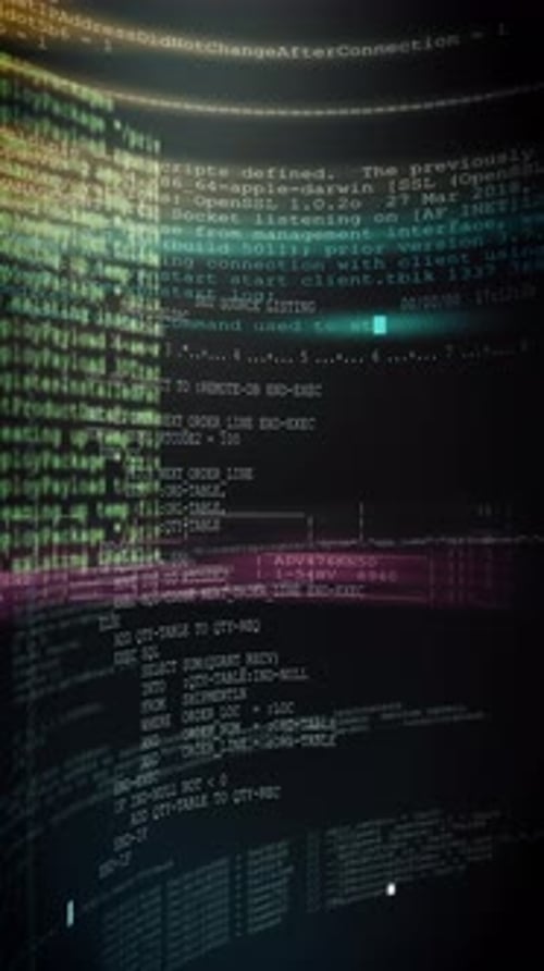 Vertical composition of illuminated source code and database commands with cinematic glow
