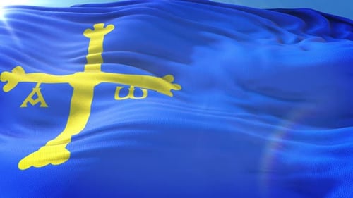 Realistic Waving Blue Flag with Yellow Cross and Lens Flare