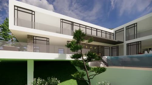 Stunning modern home showcasing architectural design with pool and landscaped grounds