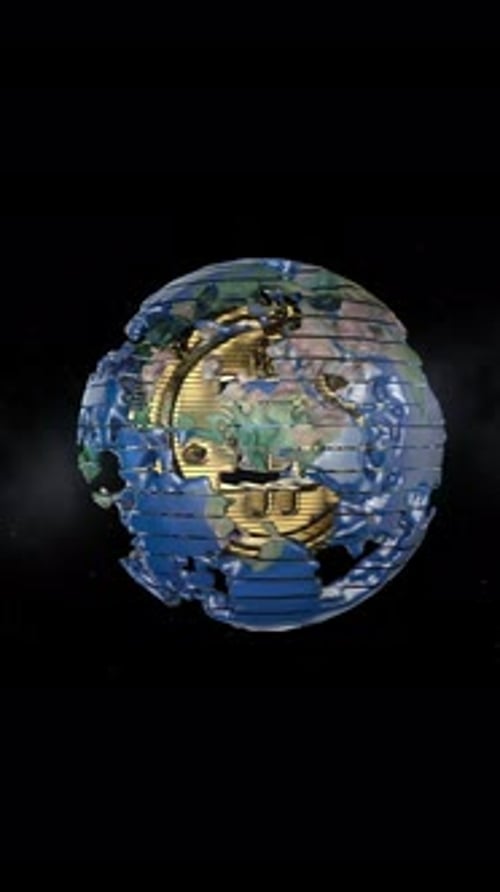 3D Sliced Earth Globe with Rotating Gold Currency Symbols