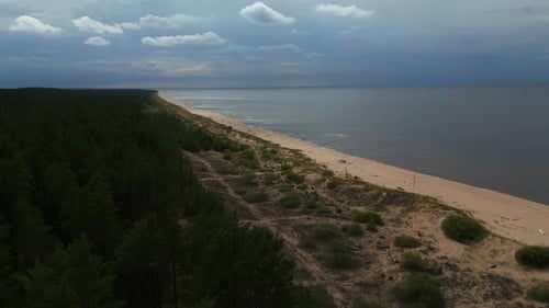 Shoreline Aerial Panorama Sandy Beach Alongside Water Under Cloudy Skies Seen From Above