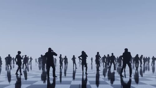 Animated Silhouettes of Diverse People on Reflective Checkered Floor