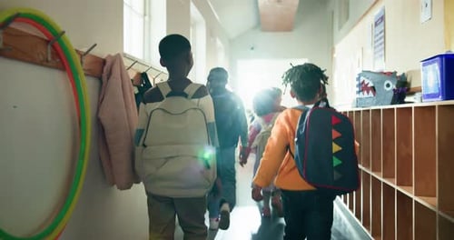 Backpack, education and back of students in school for knowledge, study period and learning