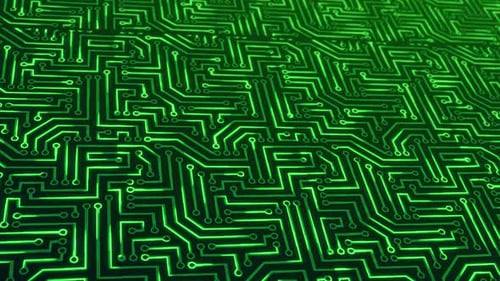 Futuristic Digital Circuit Board Pattern with Green Glowing Lines