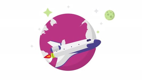 Flat Design Space Shuttle Animation Orbiting Planet