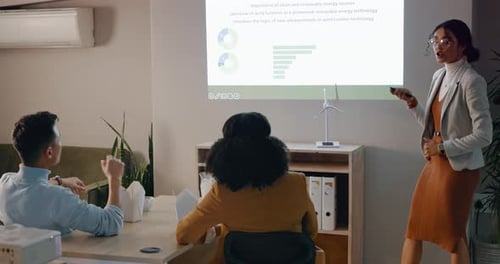 Speaker, woman and presentation with clean energy, seminar or research with corporate training