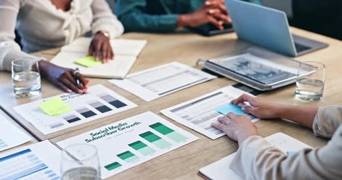Business hands, documents and teamwork with graphs, data analysis or social media for subscription