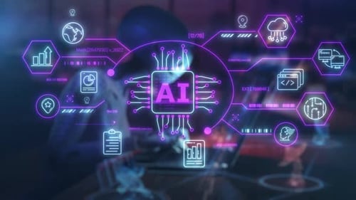 Inteligência artificial processando dados com uma interface de néon brilhante