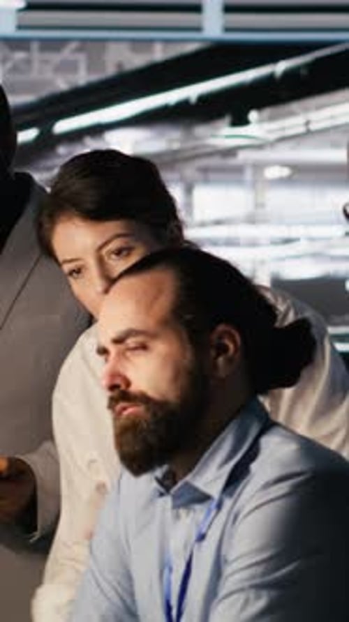 Vertical Video Admins Doing Brainstorming in Server Hub Reviewing Machine Learning Code