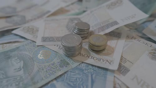 Panoraming top down polish money coins in stacked and scattered files of Polish banknotes