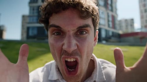 Close Up Angry Caucasian Man Male Mad Shouting at Camera Guy Screaming Stress City Negative Emotions