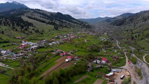 Mountain village scene aerial view, Ceahlau, Romania
